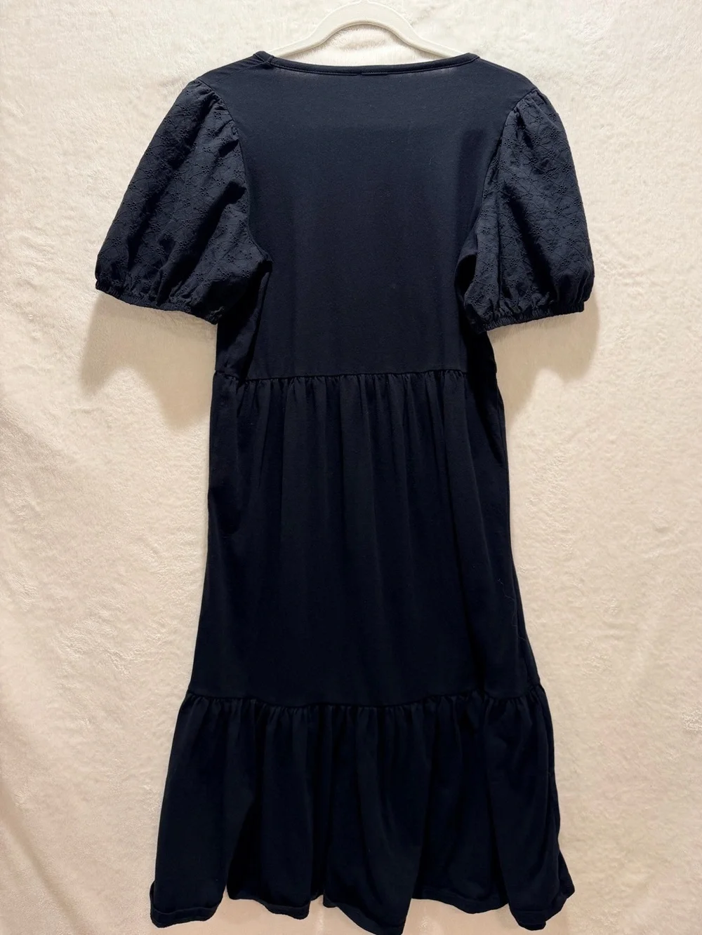 J.Crew black eyelet puff sleeve tiered midi dress small